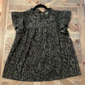 NWT THML Leopard Print Ruffle Neck/Sleeve blouse